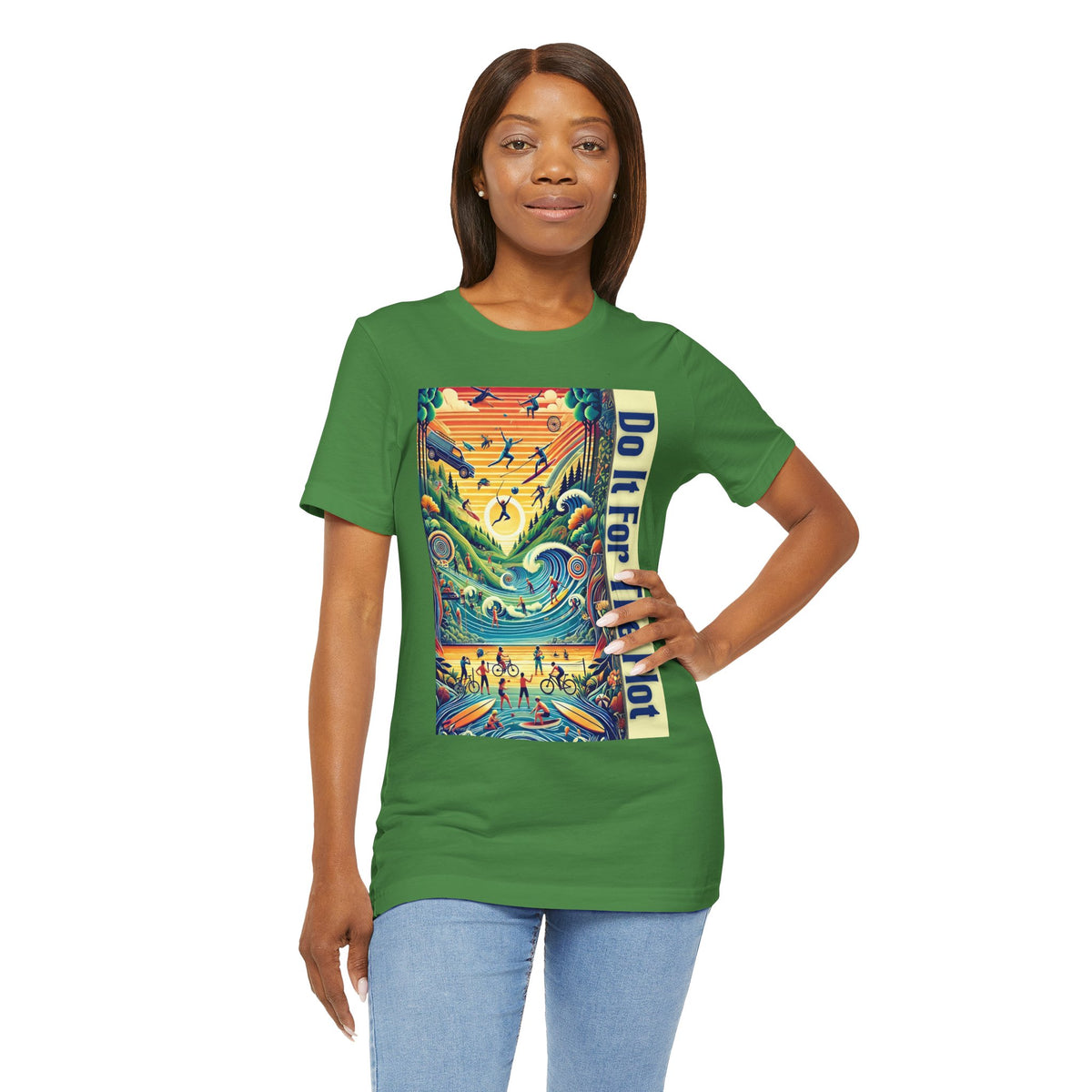 Green crewneck graphic T-shirt with colorful central panel and vertical typography