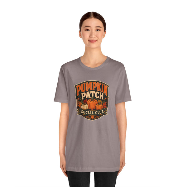 Heather purple T-shirt with Pumpkin Patch Social Club logo on the front