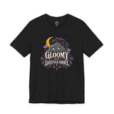 Black T-shirt with “Gloomy is a Lifestyle Choice” front graphic in purple and gold