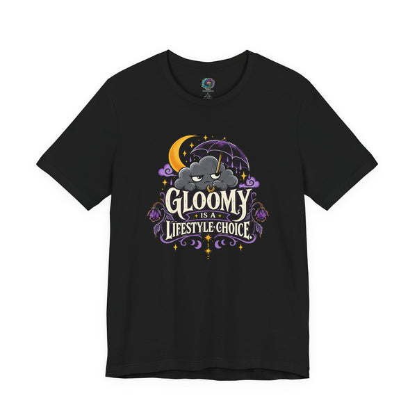 Black T-shirt with “Gloomy is a Lifestyle Choice” front graphic in purple and gold
