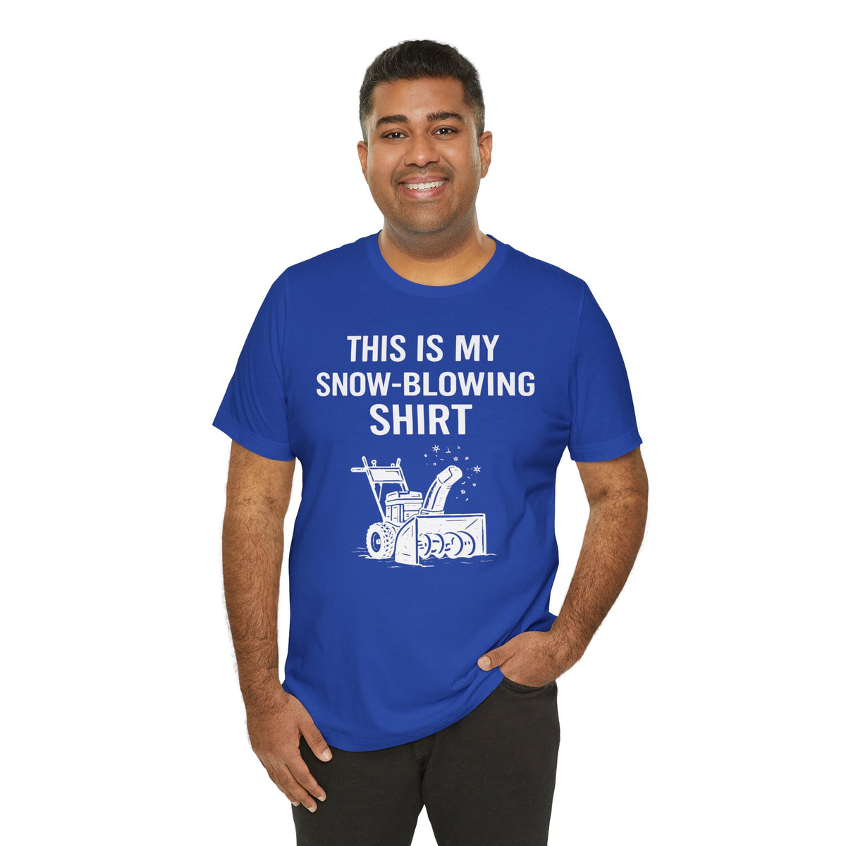 Royal blue snow-blowing T-shirt with white 'snow-blowing shirt' text and snowblower graphic