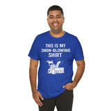 Royal blue snow-blowing T-shirt with white 'snow-blowing shirt' text and snowblower graphic