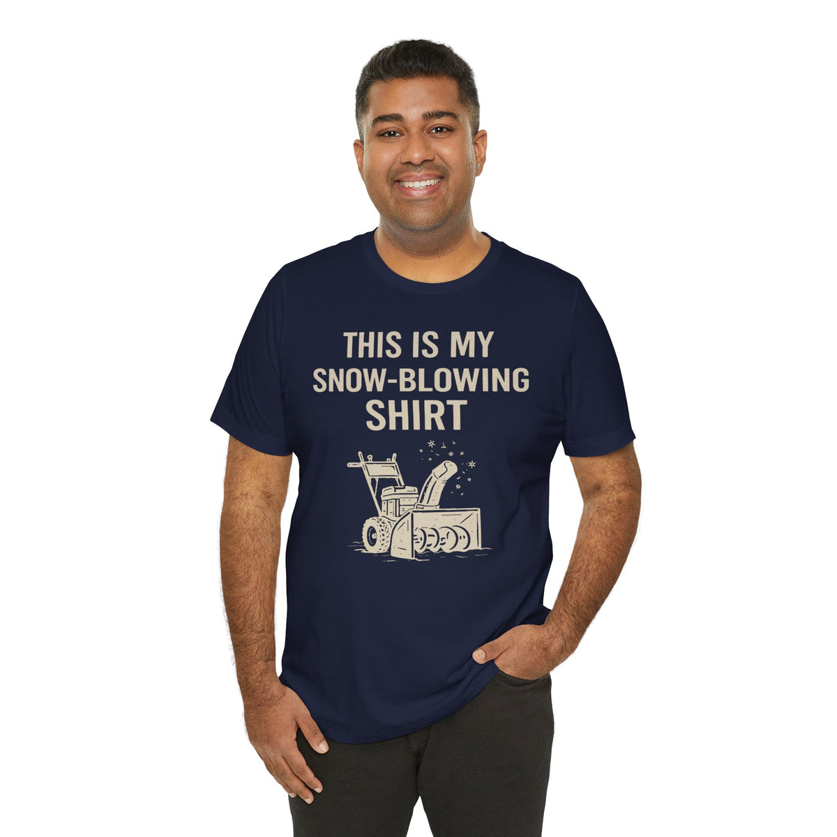 Navy snow-blowing slogan T-shirt with front “THIS IS MY SNOW-BLOWING SHIRT” text