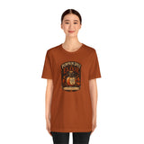 Pumpkin Spice Elixir graphic t-shirt, rust-brown crew neck, front print