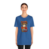 Blue crew-neck T-shirt with fall pumpkin coffee graphic and stacked lettering, front view