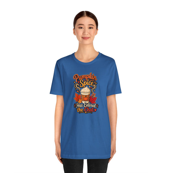Blue crew-neck T-shirt with fall pumpkin coffee graphic and stacked lettering, front view