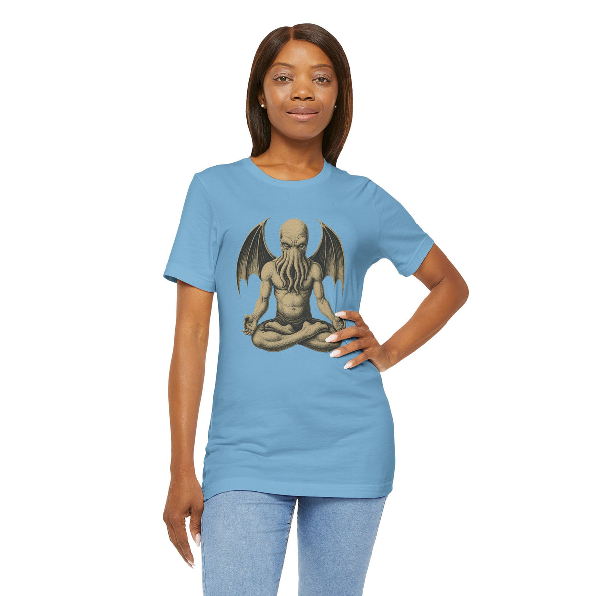 Light blue unisex crewneck t-shirt with meditating monster graphic on front
