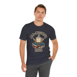 Dark heather crew-neck T-shirt on model with 'All-Nighter Club' coffee graphic.