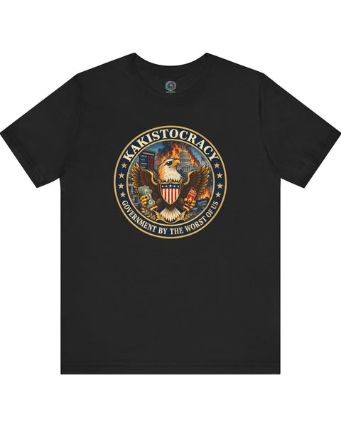 Kakistocracy government graphic T-shirt, black crew neck with circular eagle emblem