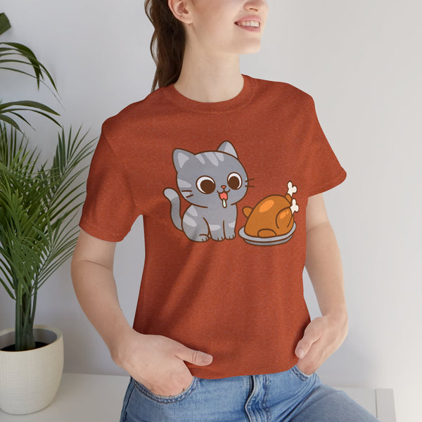 Rust orange cat and turkey graphic T-shirt, crew neck short-sleeve, side model view