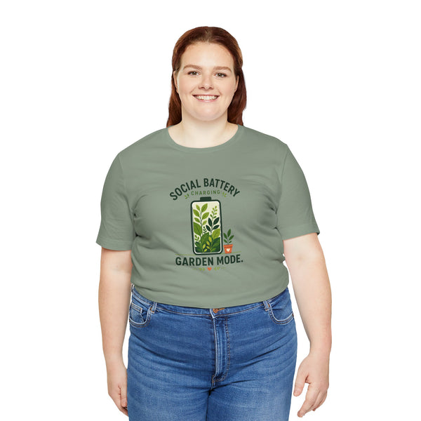 Green crew-neck T-shirt with “SOCIAL BATTERY” and “GARDEN MODE” printed design