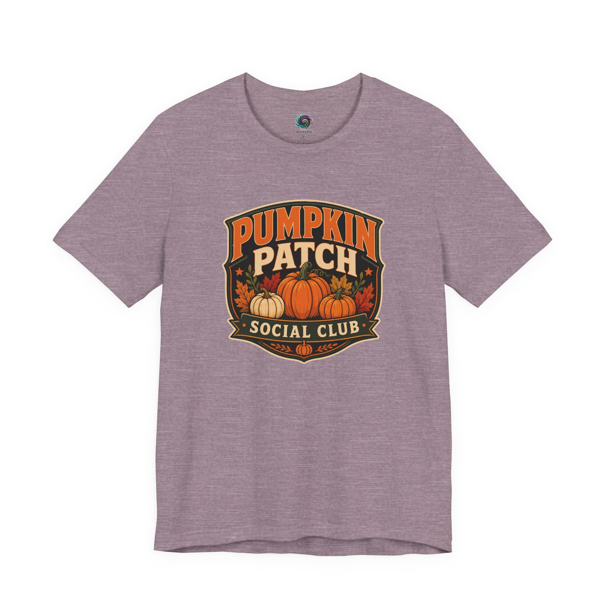 Heather gray crew-neck T-shirt with “Pumpkin Patch Social Club” pumpkin graphic chest print