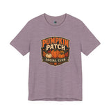 Heather gray crew-neck T-shirt with “Pumpkin Patch Social Club” pumpkin graphic chest print
