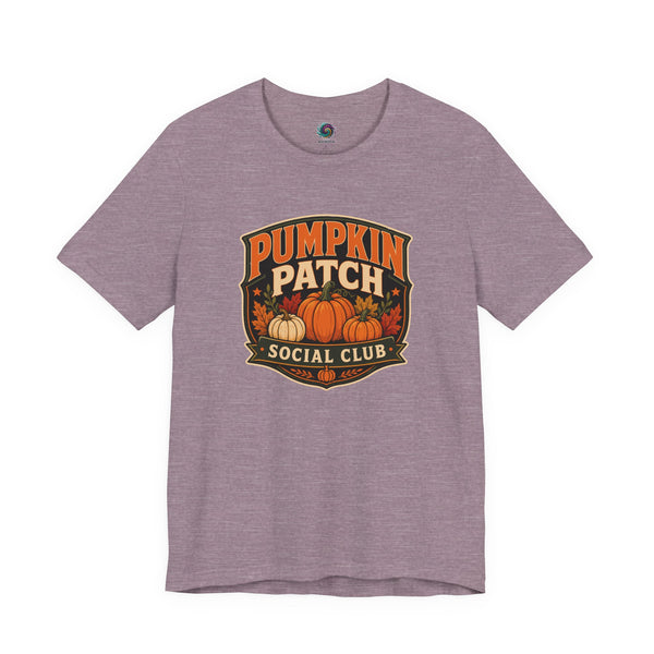 Heather gray crew-neck T-shirt with “Pumpkin Patch Social Club” pumpkin graphic chest print