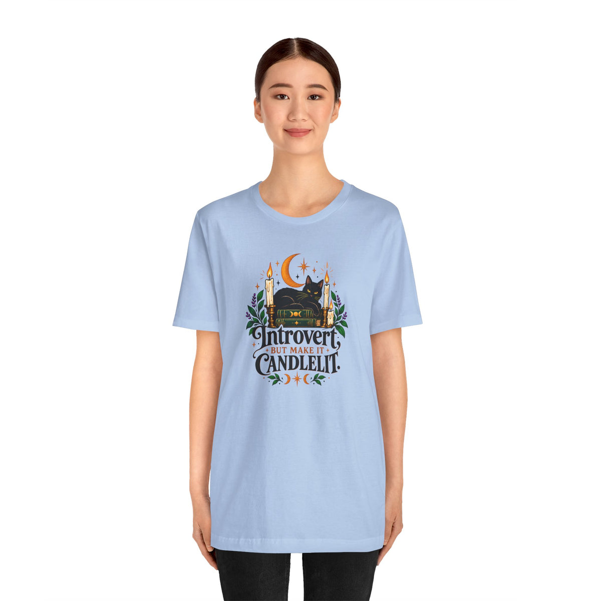 Introvert But Make It Candlelit T-shirt - Witchy Bookish Cat Tee