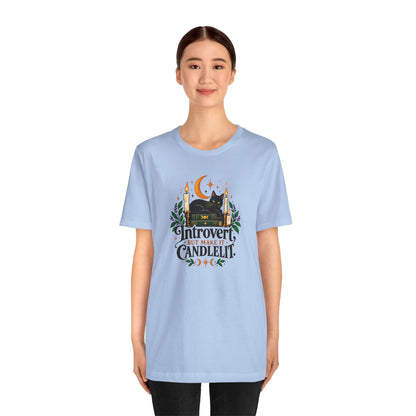 Introvert But Make It Candlelit T-shirt - Witchy Bookish Cat Tee