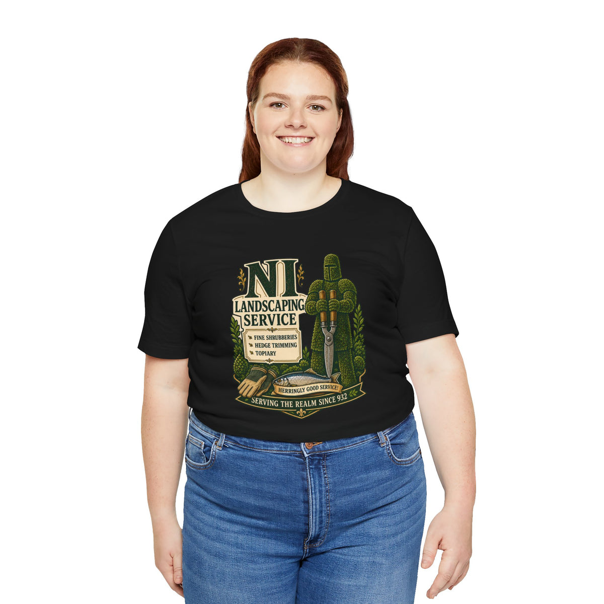Black crew-neck T-shirt with landscaping service graphic, smiling front model