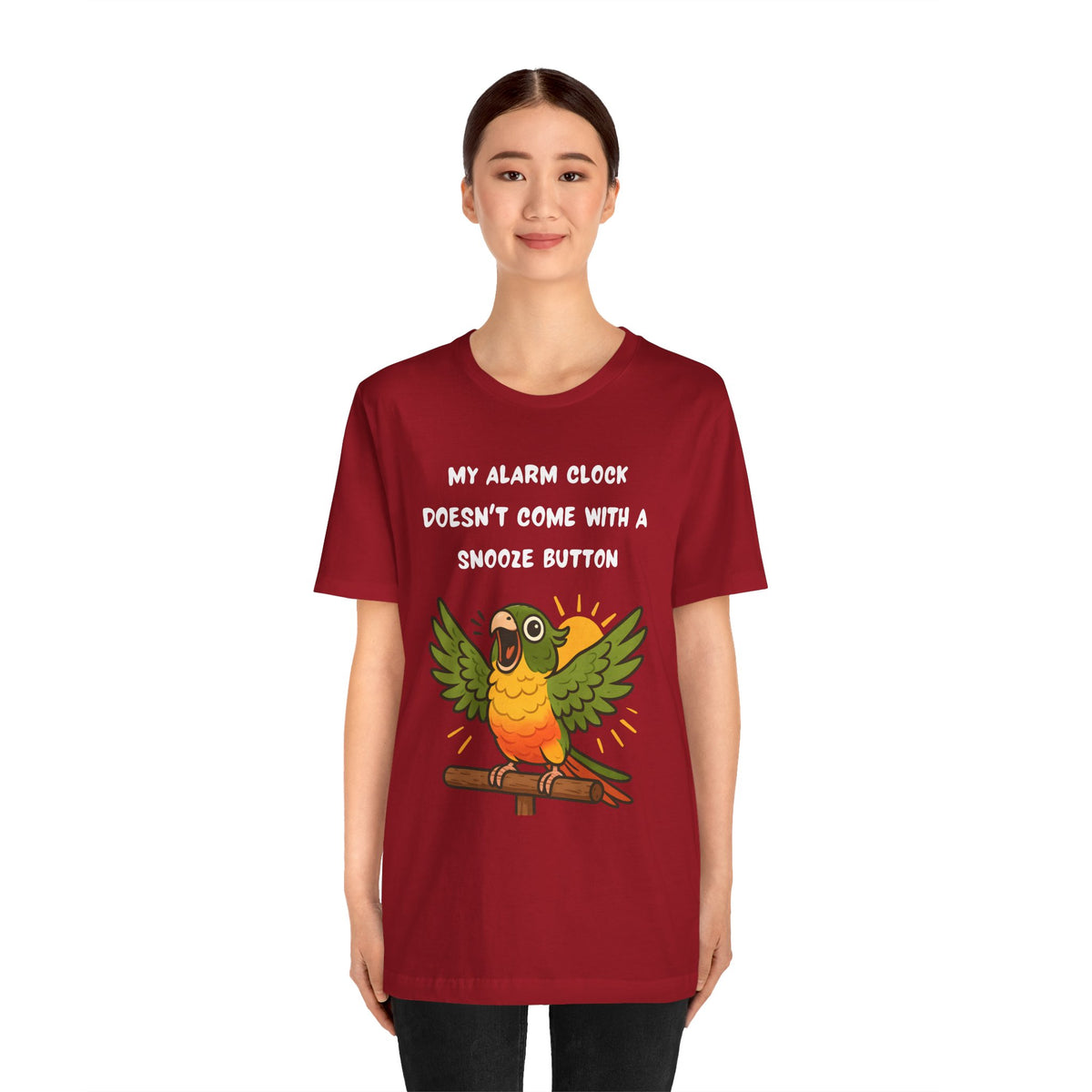 Red parrot alarm graphic t-shirt, front slogan text and conure illustration