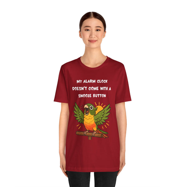 Red parrot alarm graphic t-shirt, front slogan text and conure illustration