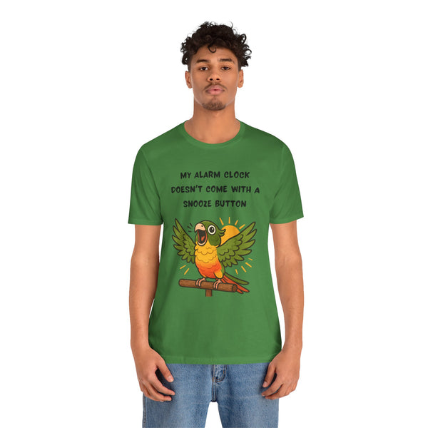 Green parrot alarm T-shirt featuring a winged bird and “snooze button” text.