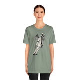 Sage green crew-neck T-shirt featuring a front graphic of a top-hat figure with wings