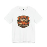 White graphic T-shirt with Pumpkin Patch Social Club pumpkin logo