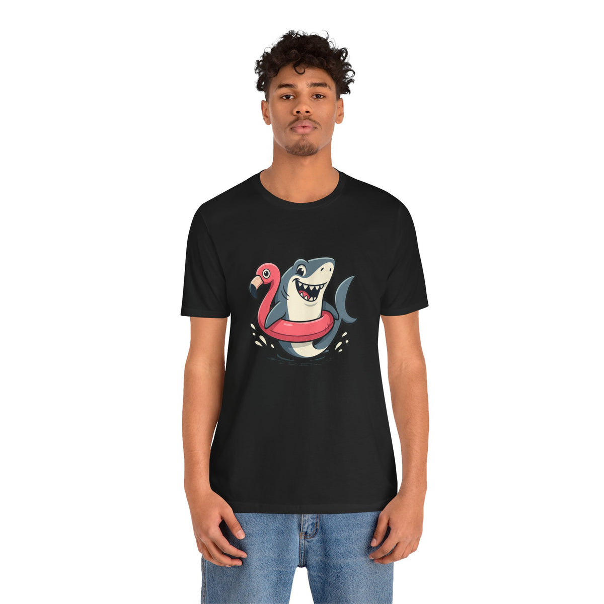 Black shark and flamingo floatie graphic T-shirt, crew neck short sleeves