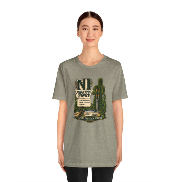 Heather grey crew-neck T-shirt with front graphic design, shown straight-on, short sleeves