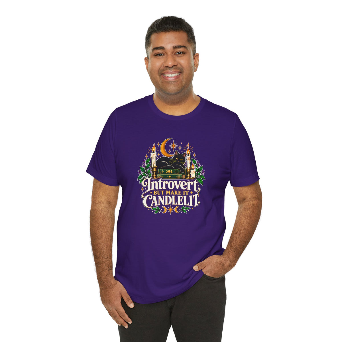 Introvert But Make It Candlelit T-shirt - Witchy Bookish Cat Tee