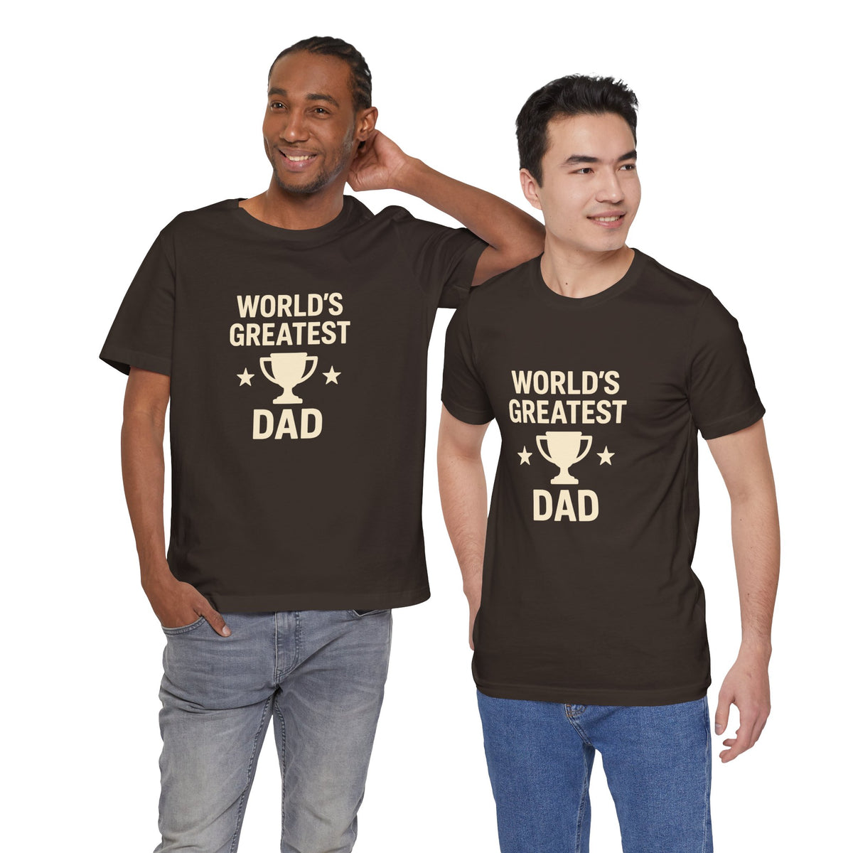 Dark brown crewneck T-shirt with trophy "WORLD'S GREATEST DAD" front graphic