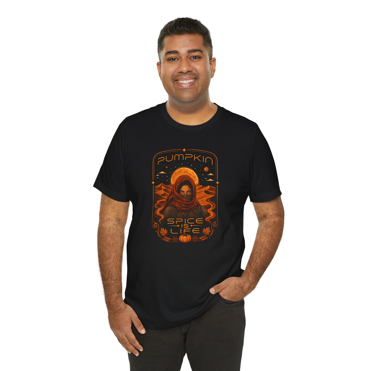 Black crew-neck T-shirt with orange “Pumpkin Spice Life” sci-fi graphic on front