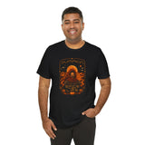 Black crew-neck T-shirt with orange “Pumpkin Spice Life” sci-fi graphic on front