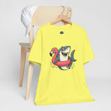 Lime yellow crewneck T-shirt with shark and flamingo float graphic, on hanger
