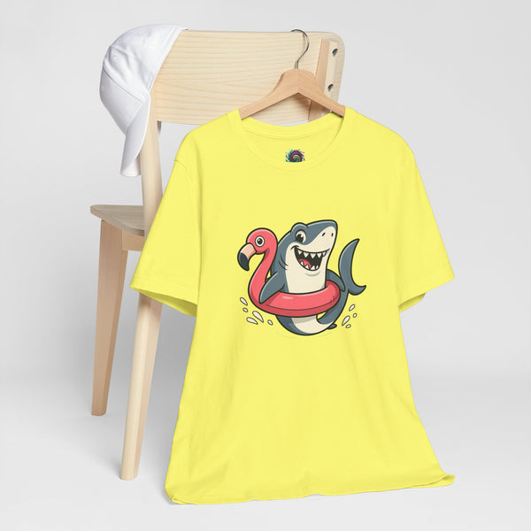 Lime yellow crewneck T-shirt with shark and flamingo float graphic, on hanger