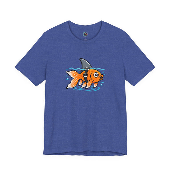 Navy blue T-shirt with cartoon goldfish-and-shark graphic on the chest