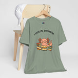Olive green crew-neck T-shirt with small axolotl reading graphic on front