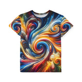 Kids' short-sleeve crew neck tee, navy base with swirling rainbow spiral print