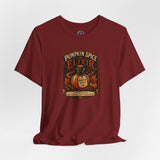 Maroon crew-neck T-shirt with pumpkin elixir themed front graphic