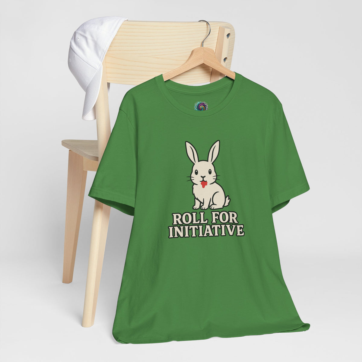 Green crewneck t-shirt with white bunny graphic and 'Roll for Initiative' text