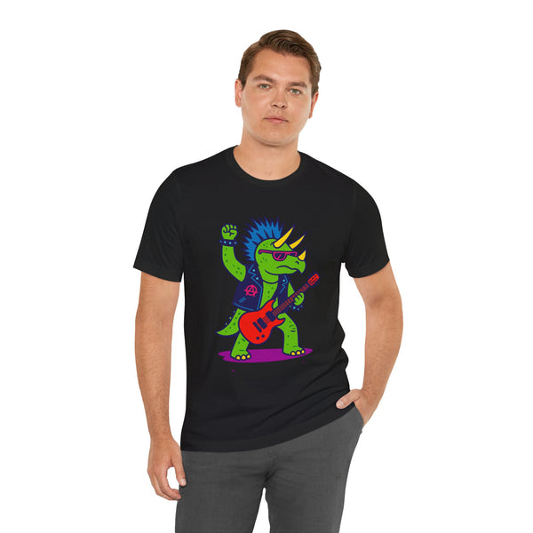 Black crewneck t-shirt showing colorful triceratops punk guitarist graphic