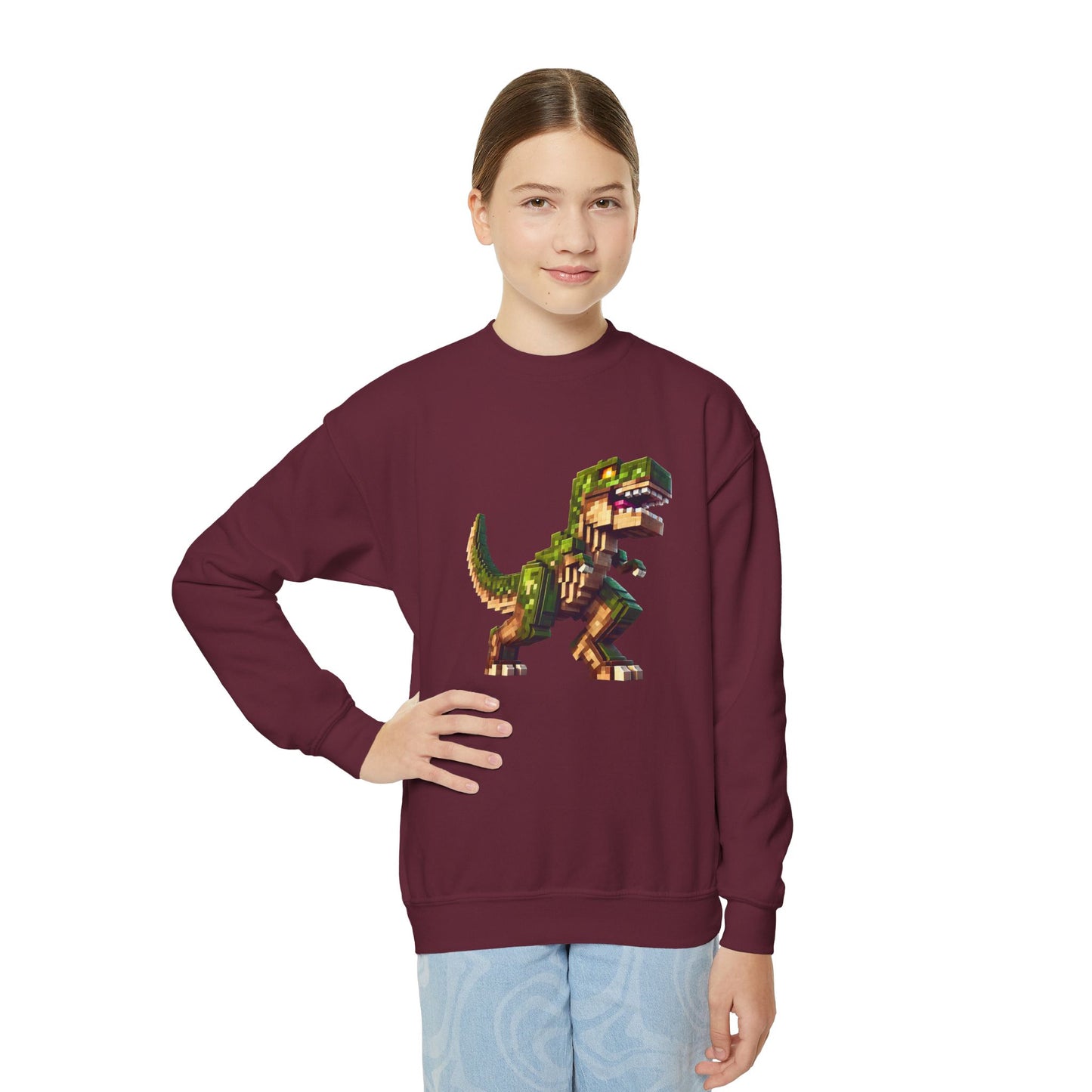 Pixel Dinosaur Youth Sweatshirt – Retro Pixel T-Rex Gamer Hoodie