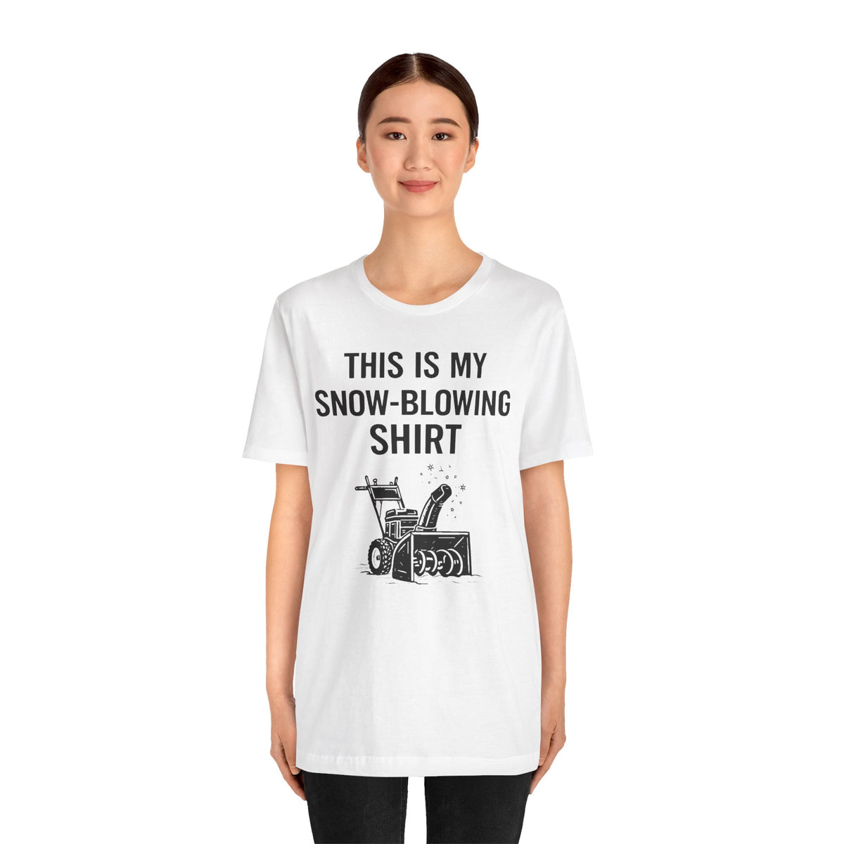 White crewneck T-shirt with snow-blowing graphic and front slogan