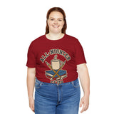 Red T-shirt with large 'All-Nighter Club' coffee-and-books logo on the front, crew neck.