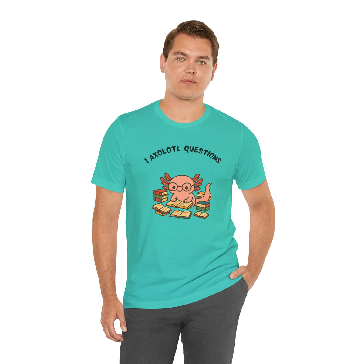 Teal crewneck T-shirt with axolotl reading books chest graphic