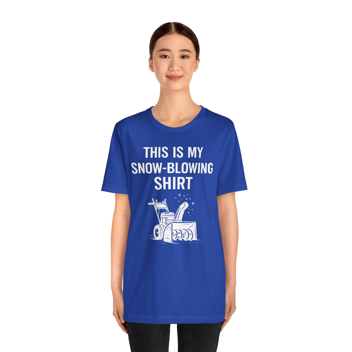 Royal blue snow-blowing T-shirt with white graphic text and snowblower icon