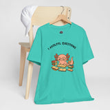 Teal crewneck T-shirt with axolotl reading books graphic