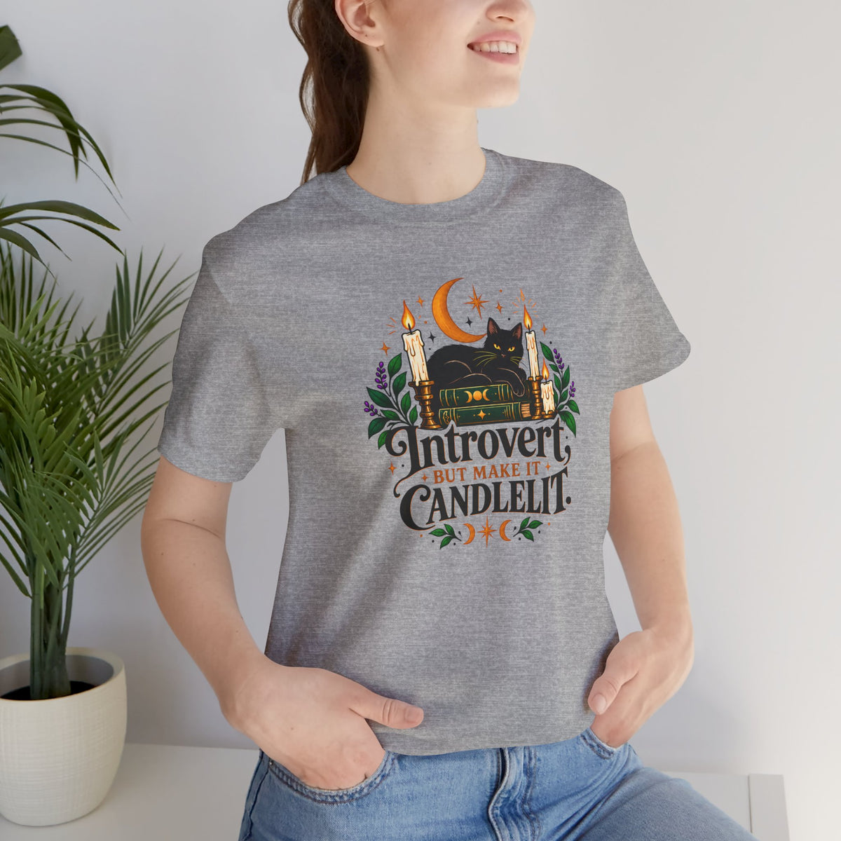 Introvert But Make It Candlelit T-shirt - Witchy Bookish Cat Tee