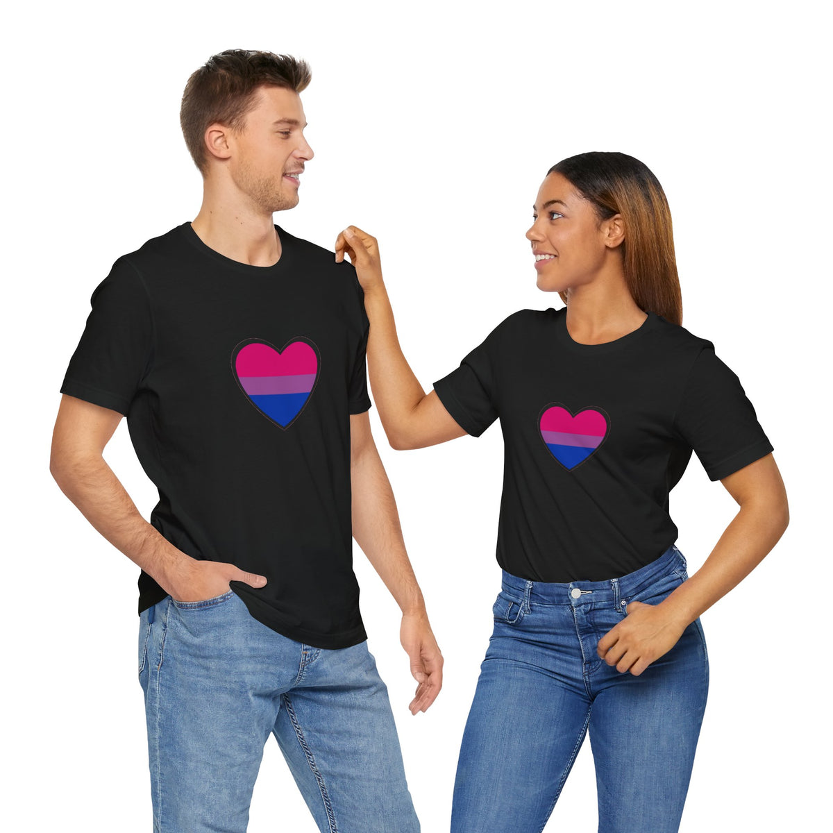 Black crew-neck T-shirt with bi pride heart graphic, worn by two models