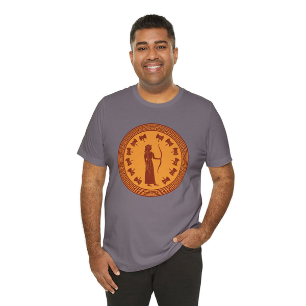 Gray-purple unisex t-shirt with large circular orange Greek goddess print