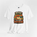 White crew-neck t-shirt with colorful pumpkin graphic and fall slogan print